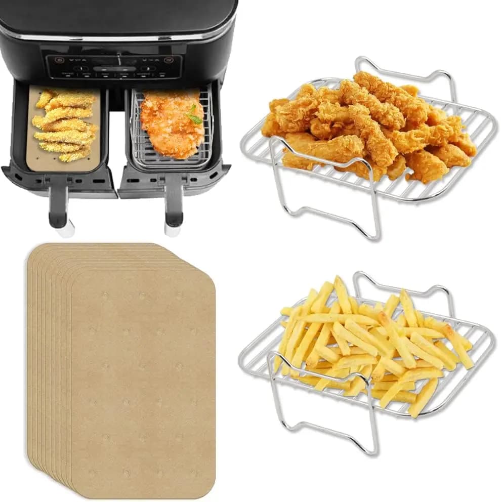 Set of 2 8Qt Air Fryer Grills with 100 Oven Paper Sheets, Compatible with Ninja Foodi Models, Stainless Steel Grills for Dryer