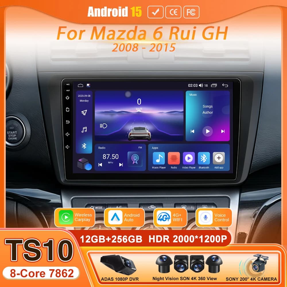 Wireless CarPlay For Mazda 6 Rui GH 2008 - 2015 8-Core Multimedia Stereo Navigation Android 15 Auto Head Unit GPS 2din CarPlay