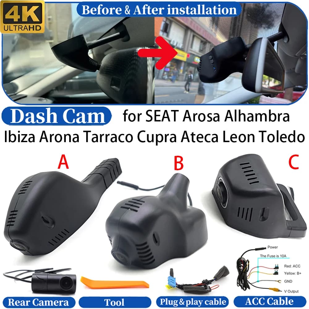 Dash Cam for SEAT Arosa Alhambra Ibiza Arona Tarraco Cupra Ateca Leon Toledo 4K 24h DVR Dashboard Camera Video Drive Recorder