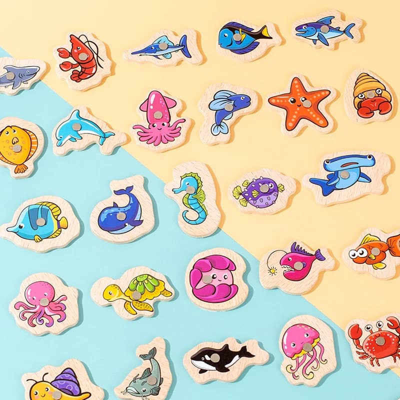 Giocattoli da pesca Montessori in legno per bambini Magnetic Marine Life Cognition Fish Games giocattolo educativo interattivo genitore-figlio