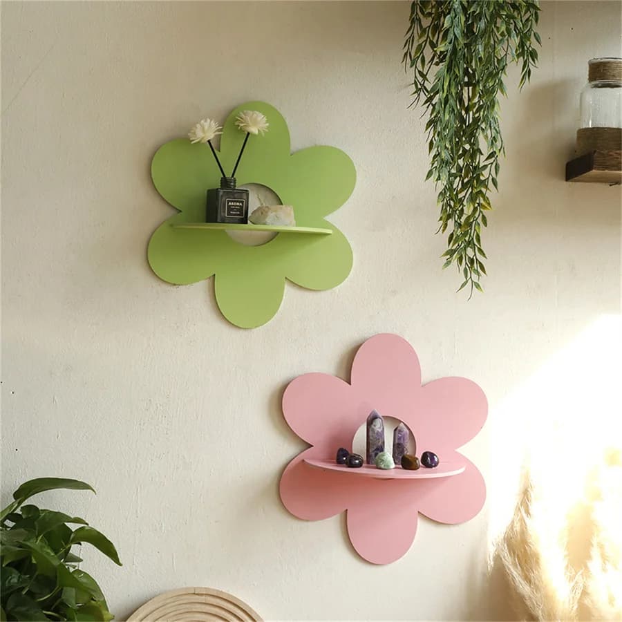 Flower Crystal Shelf Display Boho Floating Wall Shelf For Bedrooms Living Room Aesthetic Wall Mounted Wood Shelves Home Decor
