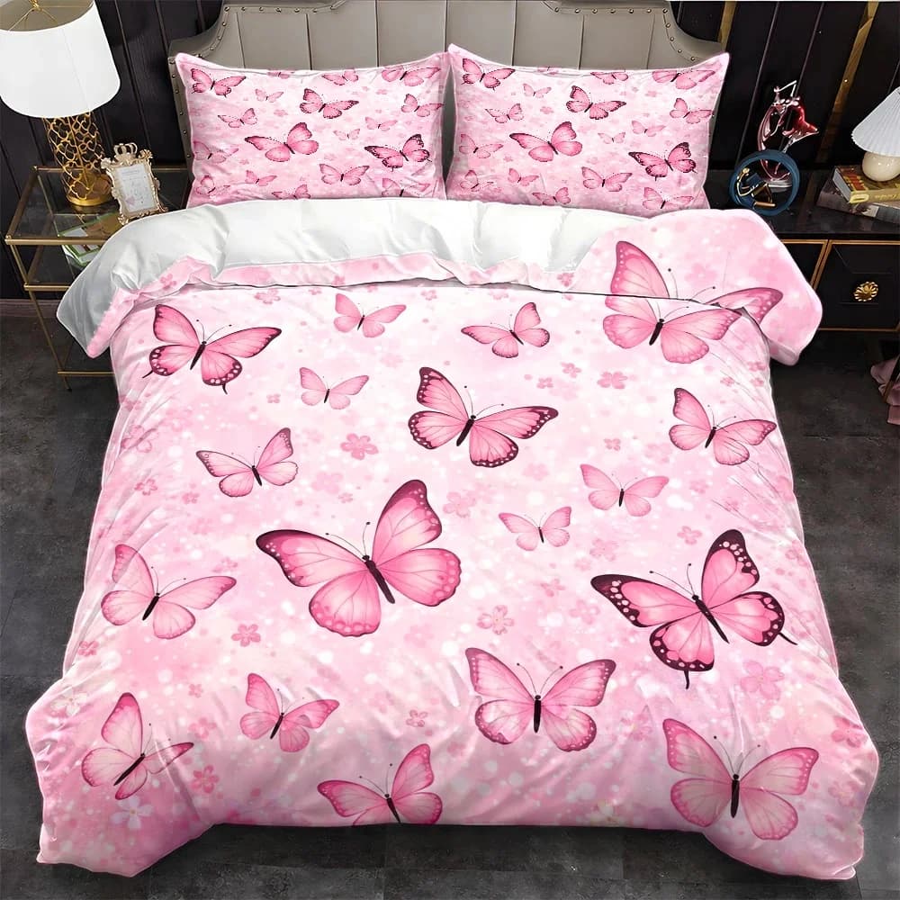 3Pc Pink Butterfly Print Duvet Cover Set, Three-Piece Bedding Set (1*Duvet Cover + 2*Pillowcases), Suitable for All Seasons, Machine Washable, Invisible Zipper Double Bed Cover, Suitable for Home, Dormitory, Master Bedroom, Guest Room, Large Bedding Set, Romantic Girly Bedding, Fresh Floral Butterfly Bed Cover Set, Cross-Border Hot Selling Soft Skin-Friendly Duvet Cover Three-Piece Set 2D Flat Print