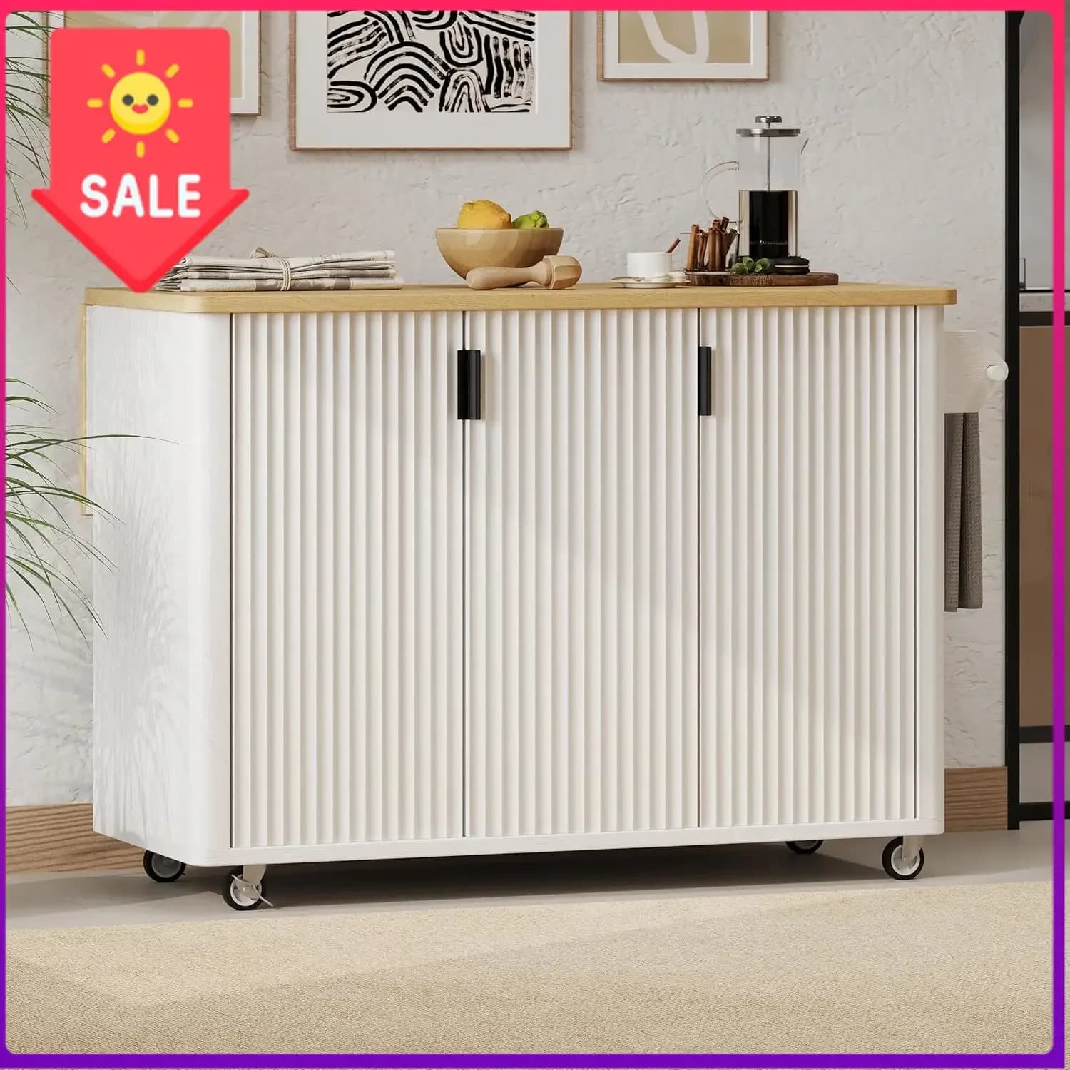 Bestseller51"W French Style Rolling Kitchen Island with Drop-Leaf Table, 3D Textured Panel, Kitchen Cart with Storage Shelves, T