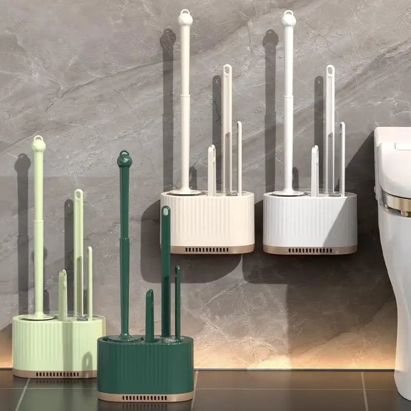 Bathroom Supply 2026 New 4 In One Silicone Toilet Brush Wall Mounted Bracket Multi-functional Household Toilet Cleaning Tool Kit