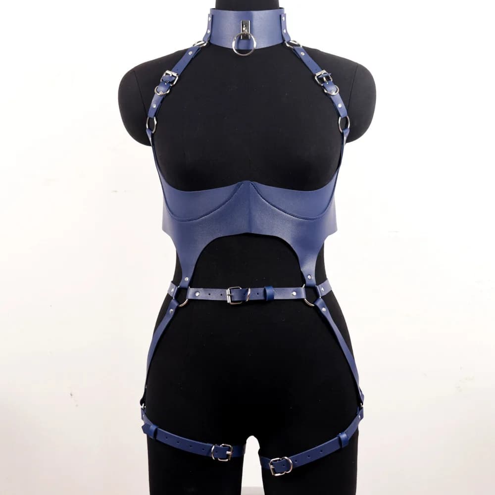 Women Leather Harness Sets Sexy Lingerie Body Bondage Straps Chest Harness Garter Belts Full Body Blue Gothic Suspenders