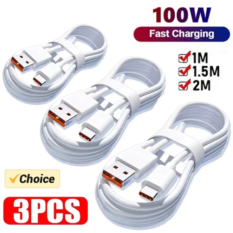 Cavo di ricarica super veloce da 3 pezzi, 100W 6A, cavo dati USB Type-C per ricarica rapida, caricabatterie Type-C a ricarica rapida