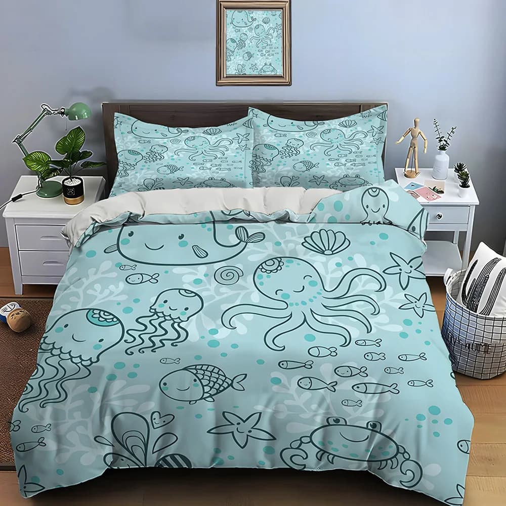 Set copripiumino con motivo a forma di animali marini dei cartoni animati, set di biancheria da letto in poliestere con stampa digitale e chiusura con cerniera per regali per bambini