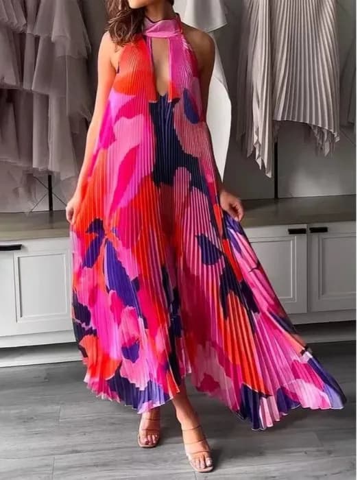 Bohemian Deep V Neck Hollow out Strapless Sexy Sleeveless Pleated Midi Length Dress Vacation Style Casual Chic Polyester Fiber