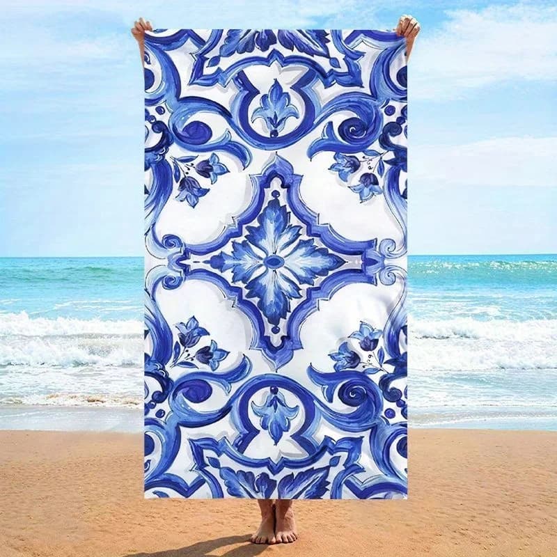 Asciugamano da spiaggia con motivo floreale blu e bianco, protezione solare e antivento, adatto per piscina, campeggio, coperta da viaggio
