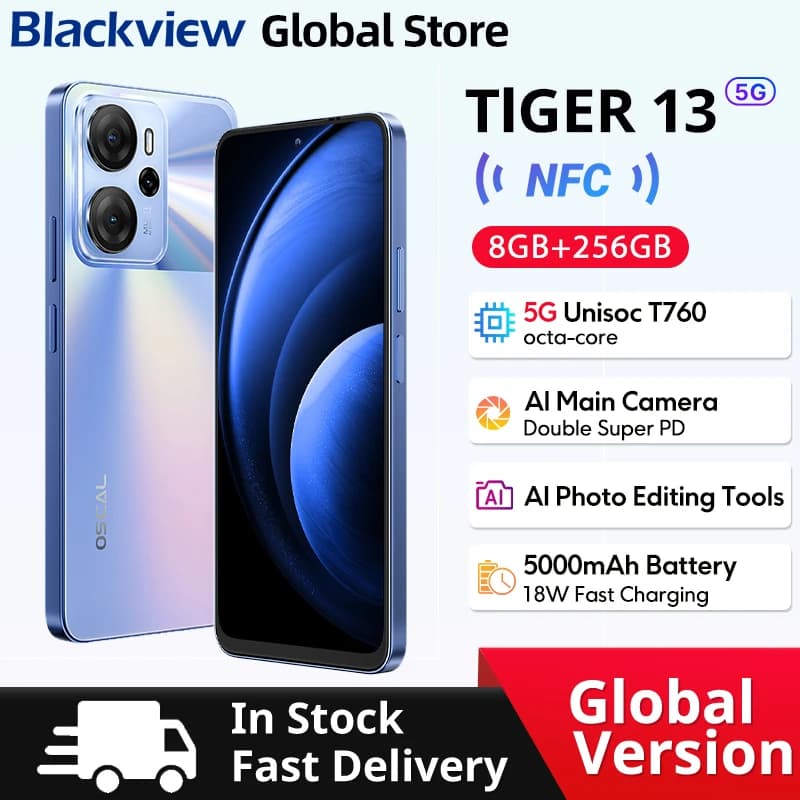 Smartphone Blackview Oscal Tiger 13 5G, display IPS da 6,67 pollici a 90Hz, NFC, batteria da 5000mAh, processore Unisoc T760, 256GB, fotocamera AI da 50MP.