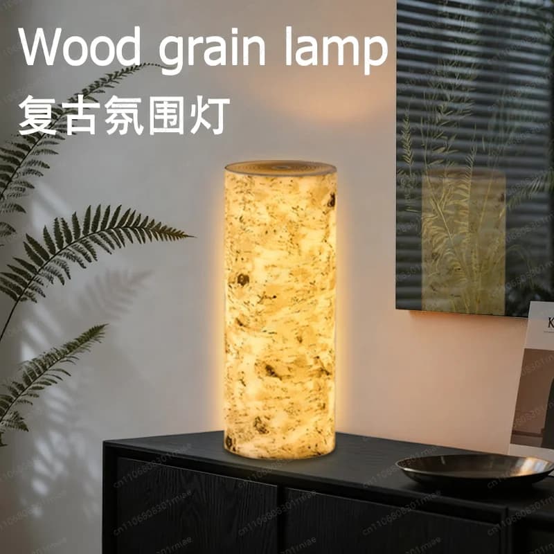 Lampada da comodino creativa con effetto legno di betulla, lampada da tavolo touch dimmerabile, moderna e semplice, per camera da letto e campeggio all'aperto