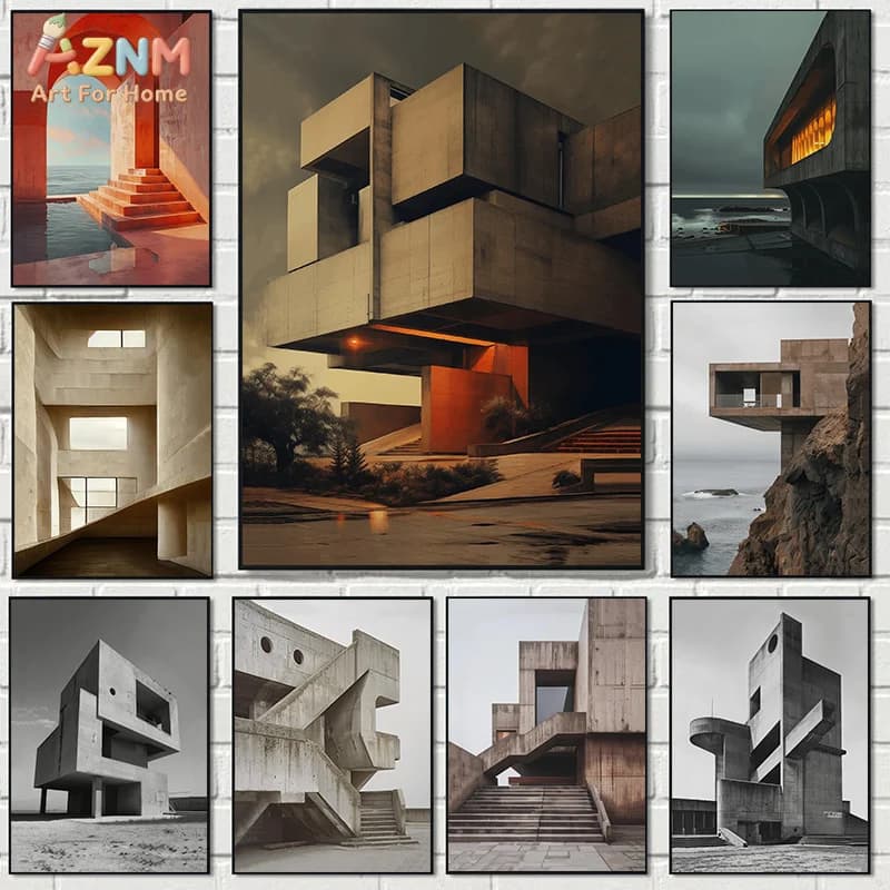 Surrealist Brutalist Architecture Minimalist Concrete Houses Retro Poster Canvas Paintings Wall Art Pictures Home Decor