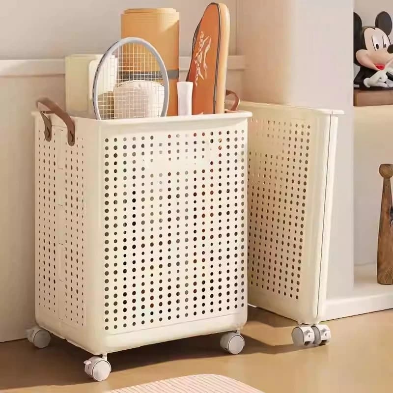 Fitness Equipment Storage Basket, Foldable Plastic Storage, Yoga Mat Sorting Basket with Pulley, Household Large Capacity Rack