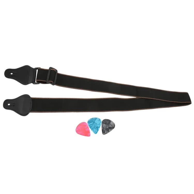 Tracolla per chitarra Cintura per collo regolabile in cotone Kit plettro in celluloide Accessori per strumenti a corda Plettro per cinturino nero