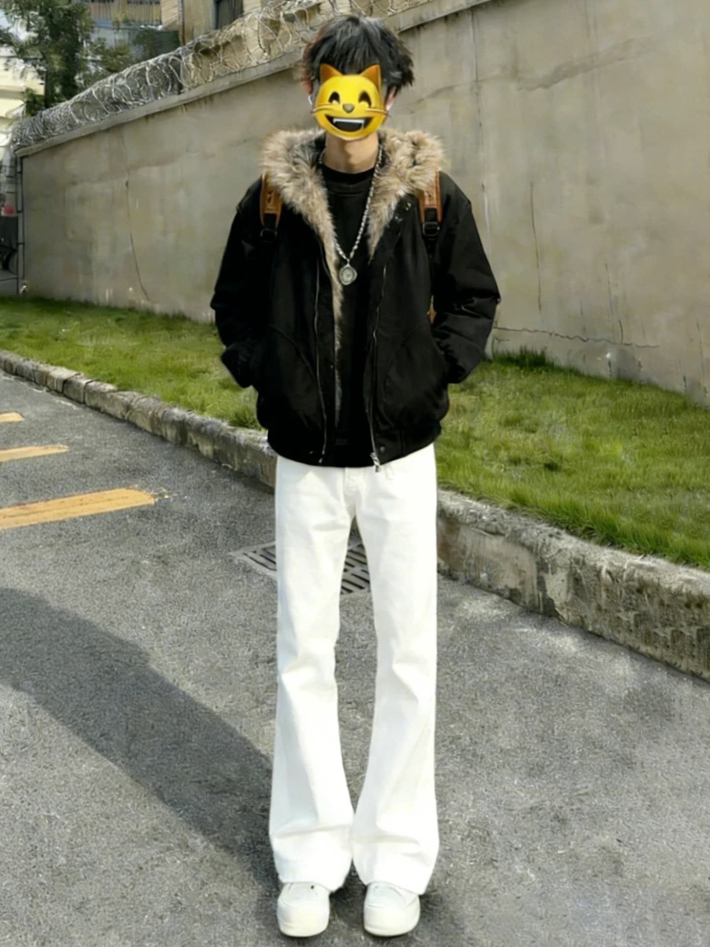 Jeans Americani Bianchi Foderati in Pile da Uomo, Moda Invernale OOTD, Gamba Dritta, Micro Flare, Vita Bassa, Tendenza Giovanile