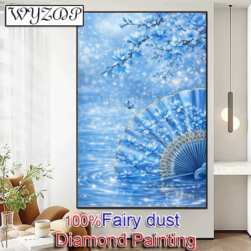 WYZDP 100% Fairy Dust Diamond Painting Landscape Square Mosaic Embroidery Paper Fan Cross Stitch Diamond Art Full Crystal Decor