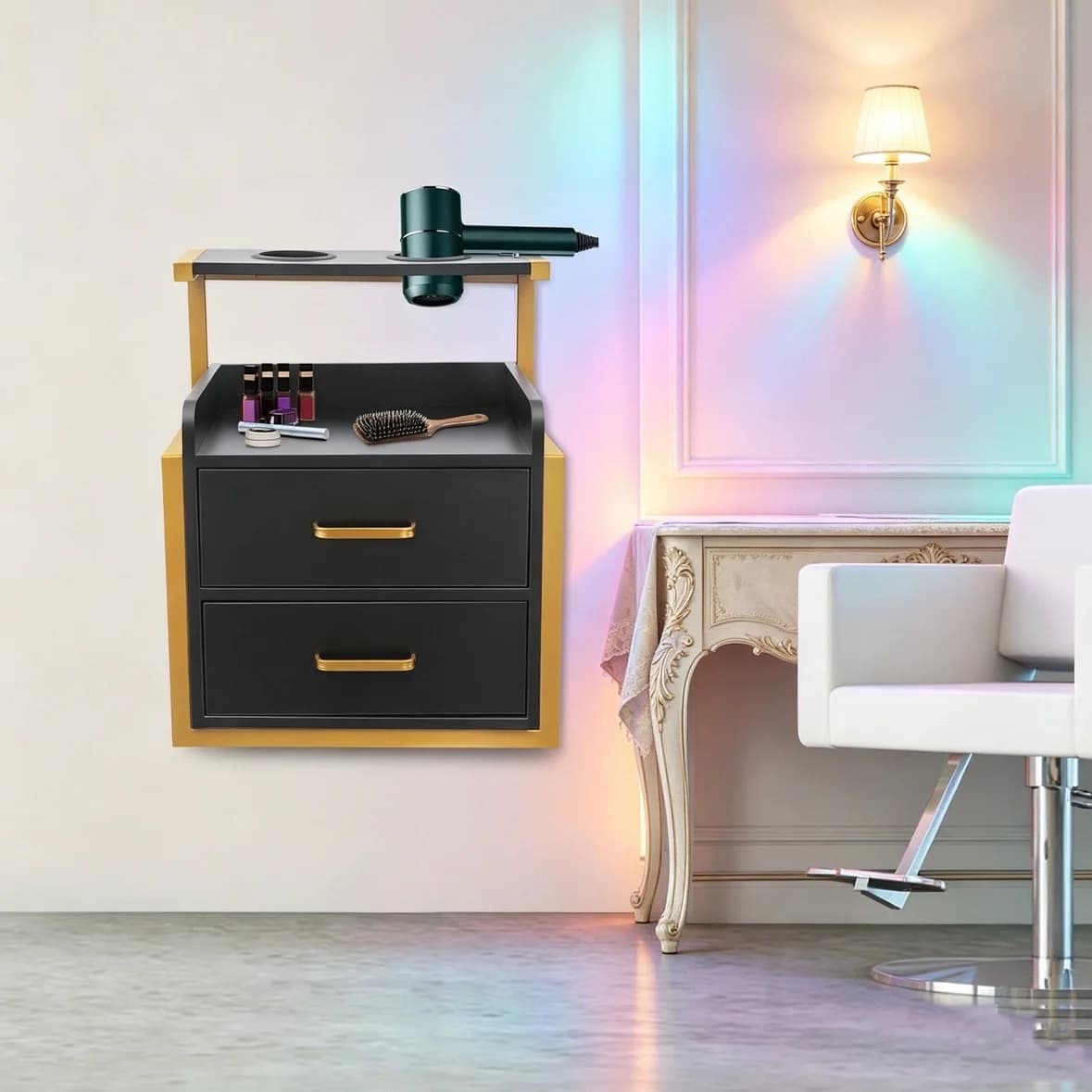 Dual Color Optional Wall Mounted 2 Drawer Salon Storage Cabinet 50KG Load Rectangular Iron Density Board Barber Hair Salon Wall Cabinet Organizer