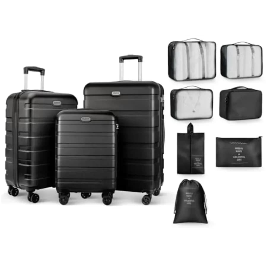 Luggage Sets for travel: PC ABS hardshell, black, lightweight with 4 double spinner wheels, TSA lock, 20/24/28 inch sizes + 7 s
