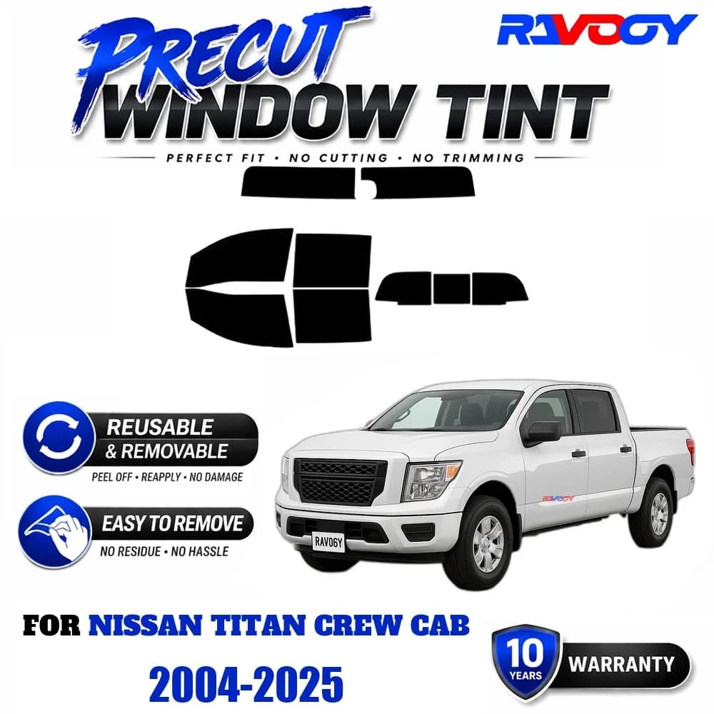 RAVOOY Precut Window Tint, Reusable Removable EPU Film, Custom Fit for Nissan Titan Crew Cab 2004-2025, UV Heat Protection