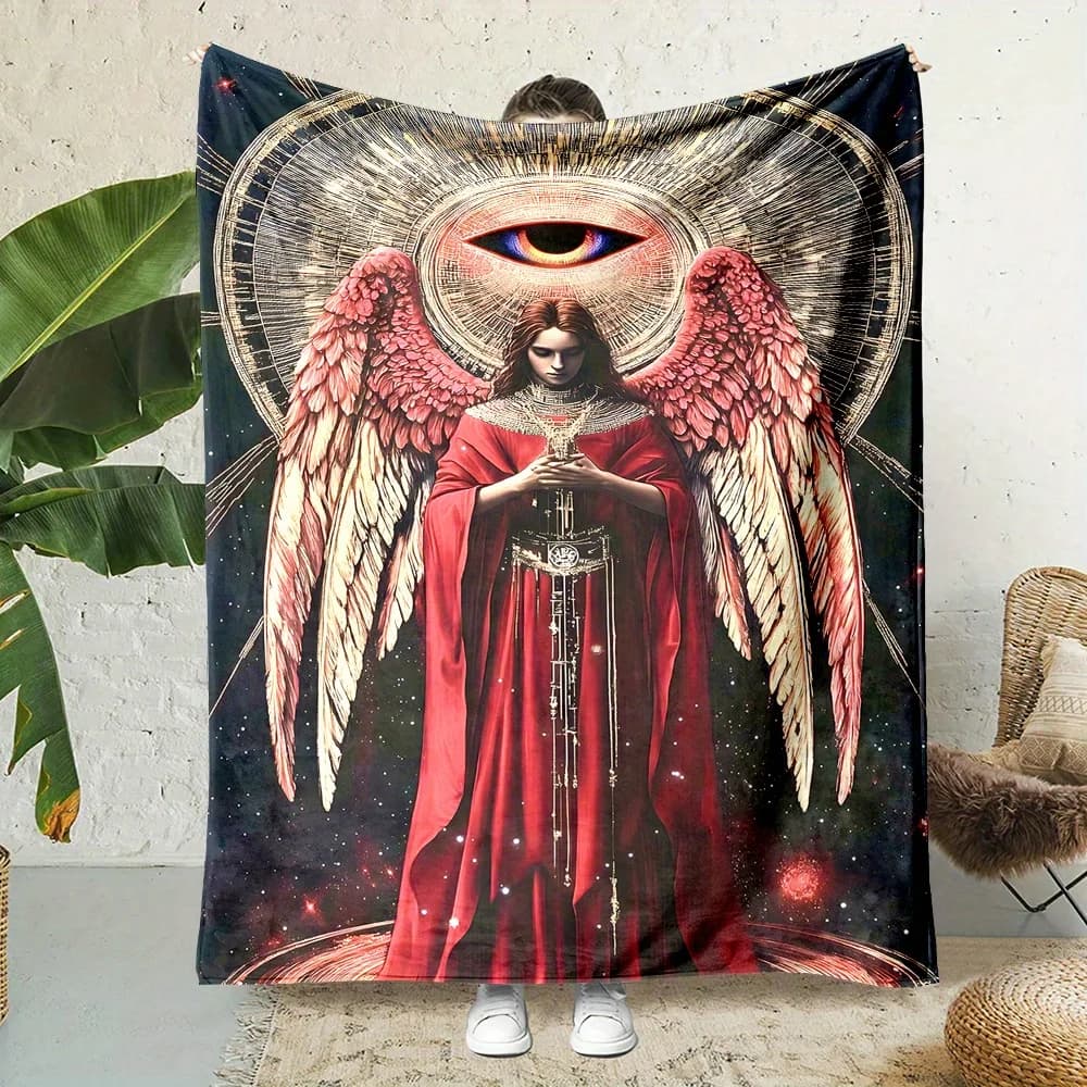 Coperta in pile di flanella con stampa Angelo con occhi, stile contemporaneo, per tutte le stagioni, tessuto, stampa digitale, reversibile