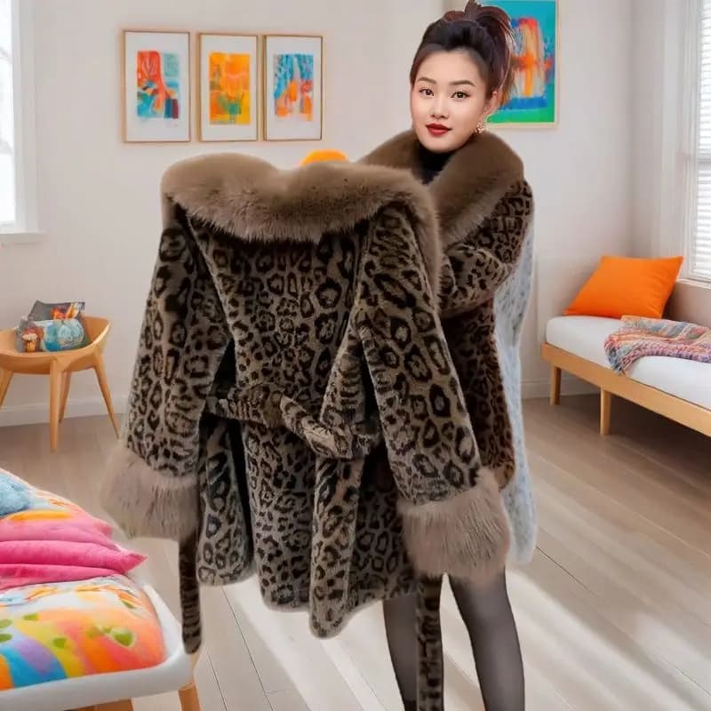 2025 nuove donne autunno inverno stampa leopardata temperamento cappotto di pelliccia medio-lungo collo di pelliccia di fascia alta con cintura giacca di pelliccia soprabito