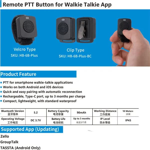 Walkie Talkie Bluetooth PTT per Zello, Radio Bidirezionale, PTT Remoto Reale per App Walkie Talkie