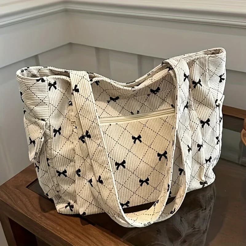 Women's casual velvet tote bags with large capacity for women, commuting bags with women's casual bow pattern for shopping