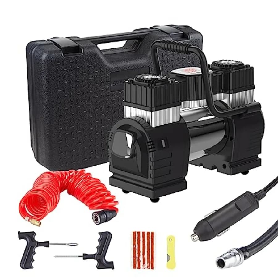 Compressore d'aria DC 12V a doppio cilindro per gonfiatore di pneumatici portatile resistente per auto con pompa per pneumatici 120PSI a luce LED Ideale per