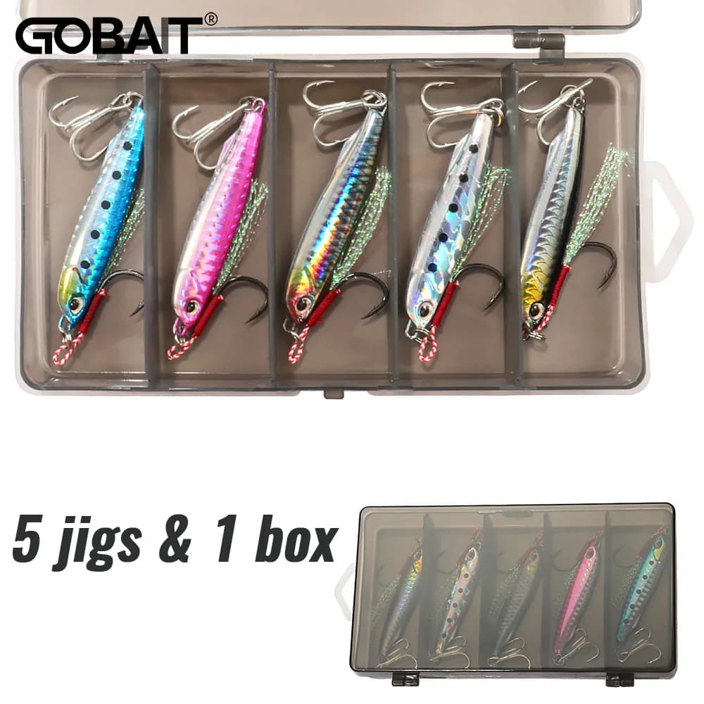 GOBAIT 5pcs Metal Jig Lures Kit 10g 20g 30g 40g Sinking Pencil Feather Hook Treble Hooks Pesca Set Carp Fishing Tackle Box Bait