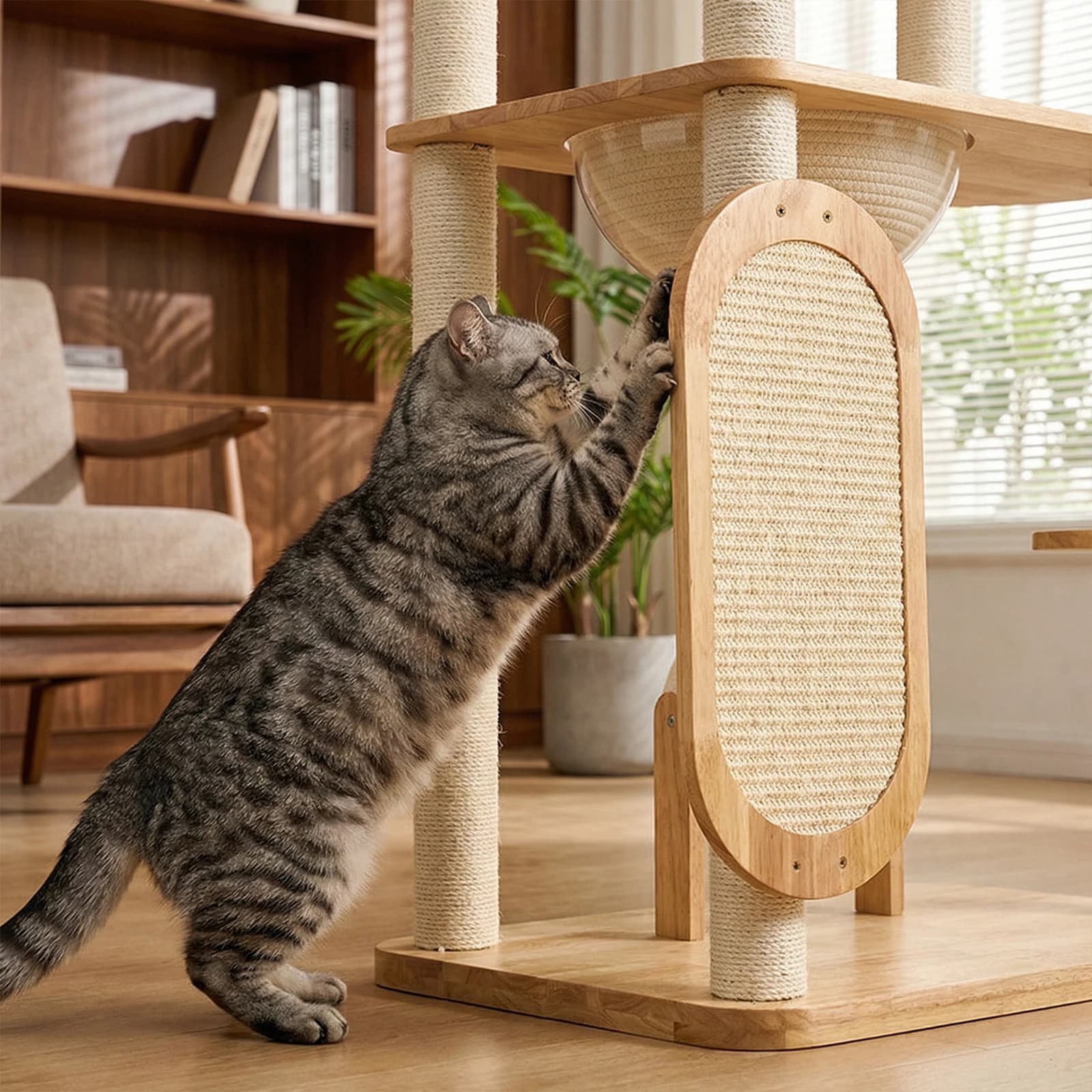 Tiragraffi Moderno in Legno Massello di Gomma con Pali Tiragraffi, Palla Tiragraffi e Tavola Tiragraffi, Facile da Pulire per Case con Gatti Grandi e Multipli