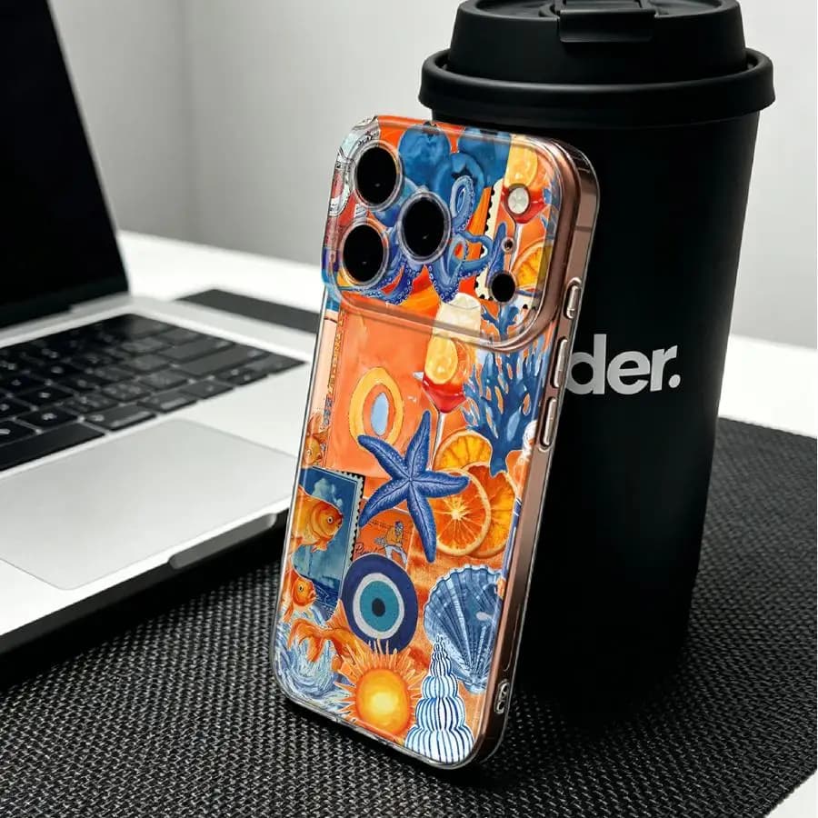 Custodia Morbida per iPhone 17 Pro Max XS Max 11 13 Pro 15 Air 17e XR 12 Mini 14 Plus 16 Collage Arancione Blu Oceano