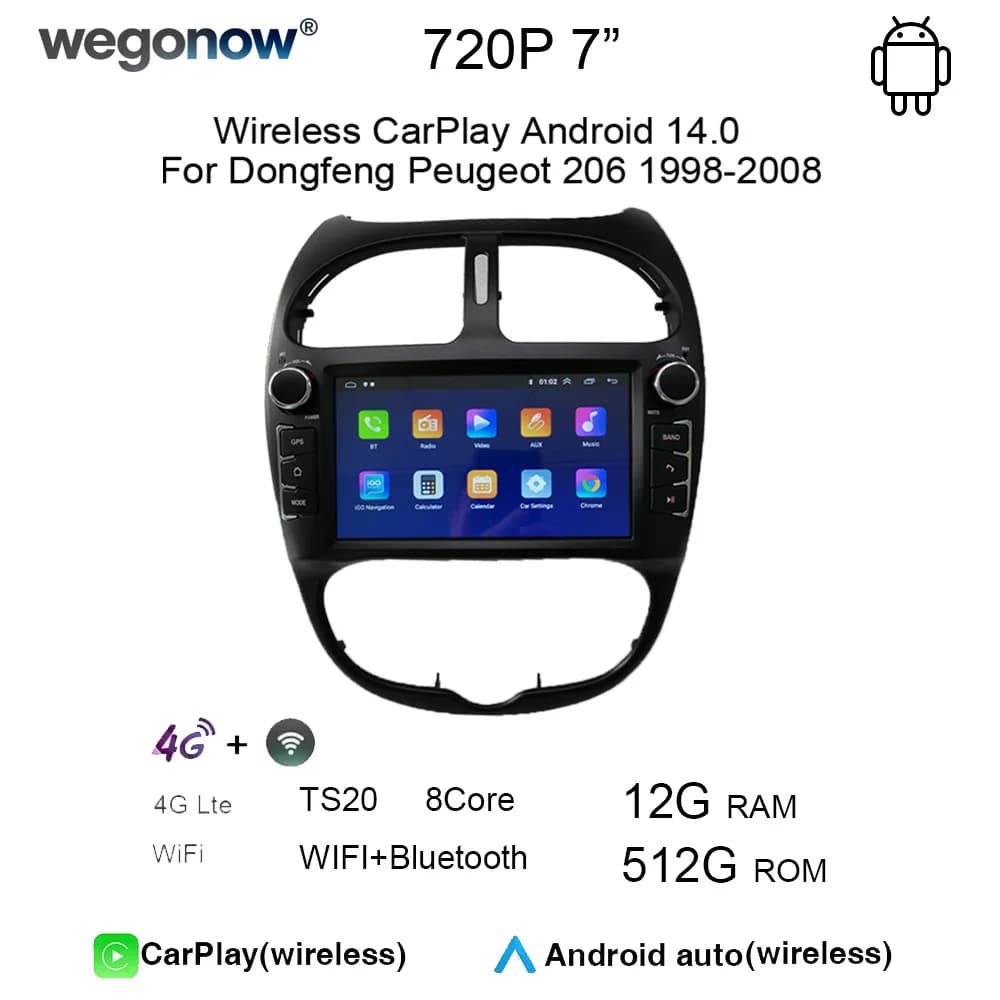 7" IPS car radio For Dongfeng Peugeot 206 1998-2008 support wireless CarPlay Android Auto WiFi and Bluetooth multimedia player