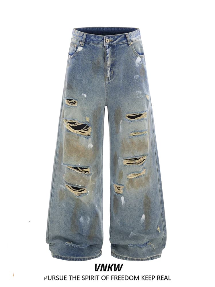 Jeans Vintage Americani da Uomo Waed, Gamba Dritta Larga, Denim Strappato, Pantaloni Casual Lunghi per Coppia in Misto Cotone-Poliestere