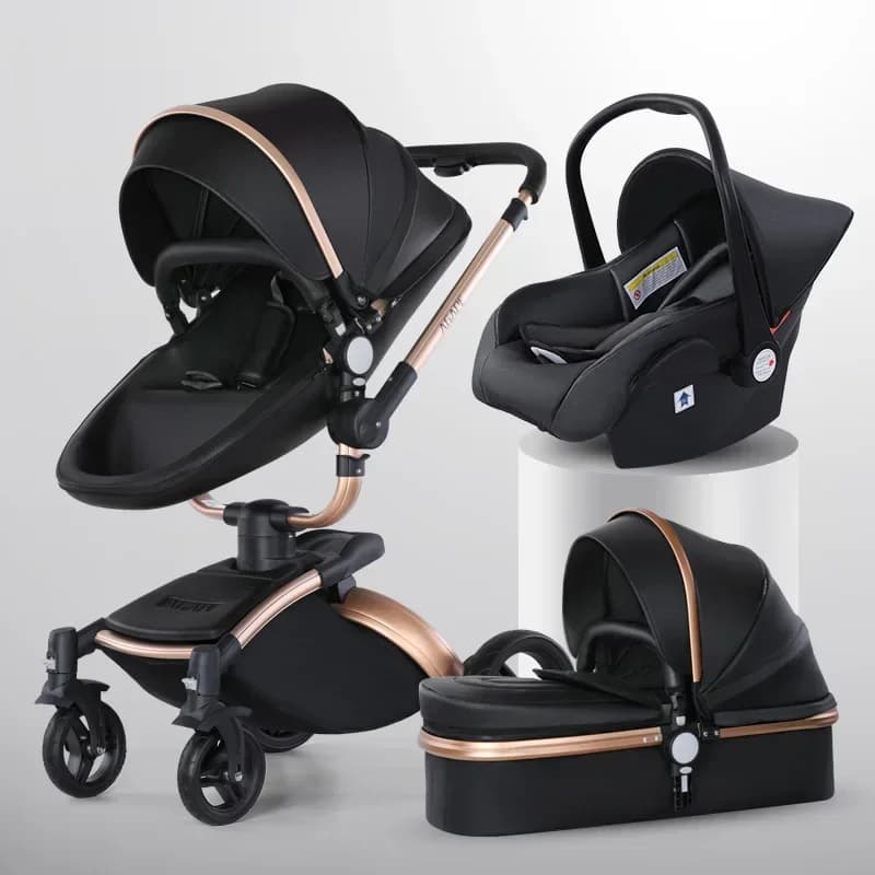 Passeggino 3in1 con seggiolino auto cestino rimovibile Guscio d'uovo alto paesaggio Passeggino in pelle PU carrozza di lusso per auto per bambini