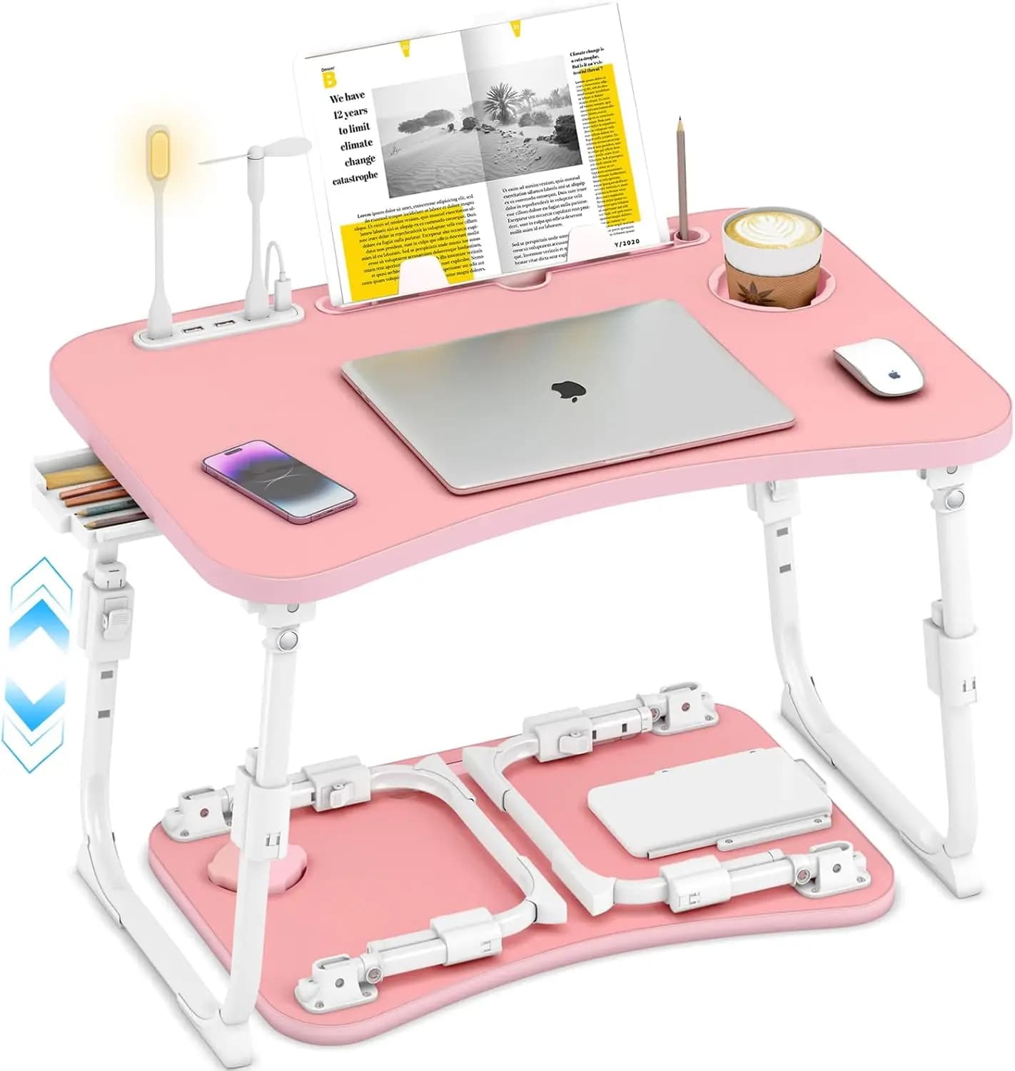 Tavolino da Letto Regolabile e Pieghevole con Cassetto Portaoggetti, Porta Tablet e Portabicchieri, Supporto Portatile per Laptop da Letto e Divano in Rosa