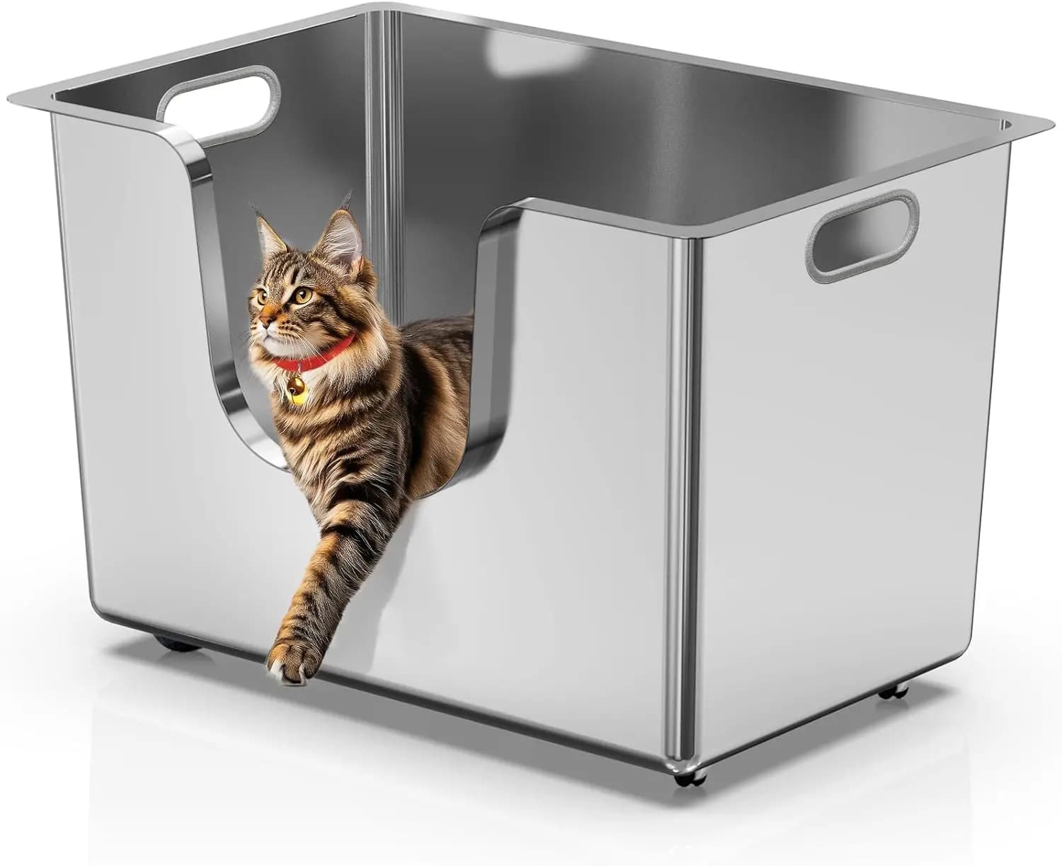 Lettiera per Gatti Extra Large in Acciaio Inossidabile con Bordi Alti, Ruote per Facile Spostamento, Impermeabile e Facile da Pulire
