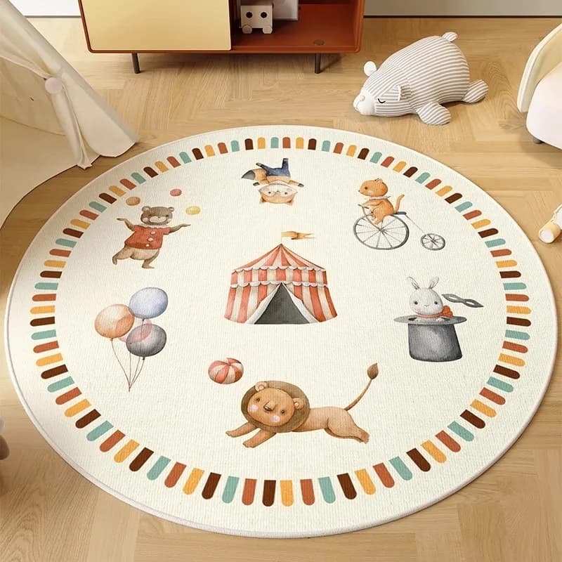 Tappeto per animali con tenda da circo con leone, cane, orso, coniglio, uccelli, artisti, tappeto rotondo giocoso per la camera dei bambini, arredamento per la cameretta dei bambini, tappetino morbido