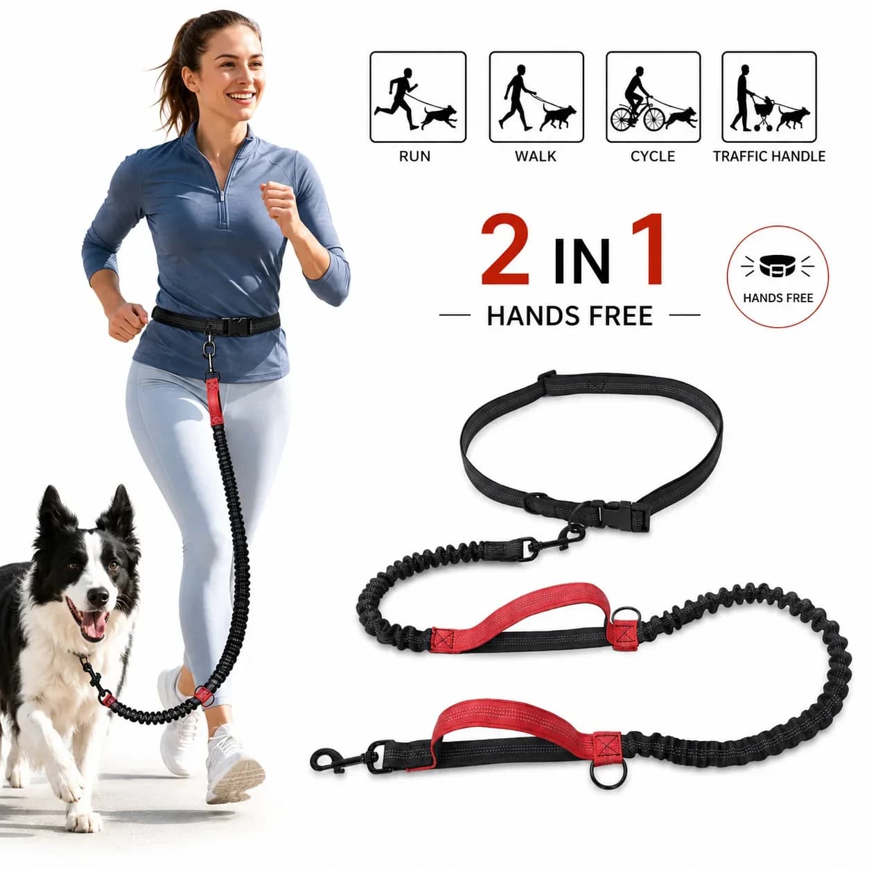 Retractable driving for running dogs, reflective, hands free, with adjustable rope for belt, for outdoor running