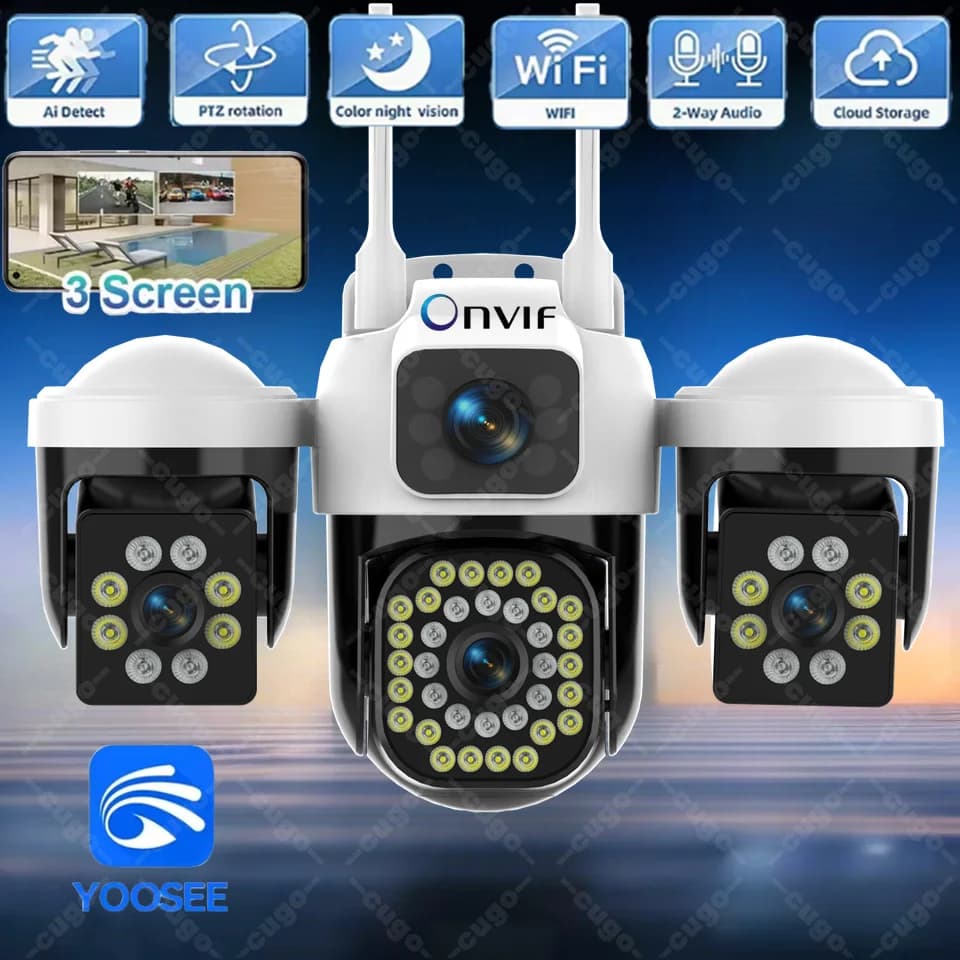 Telecamera IP WiFi da Esterno 15MP 8K con Tripla Lente e Triplo Schermo, Monitor di Sicurezza con Visione Notturna, Impermeabile, Zoom 10X, Onvif, Telecamera CCTV