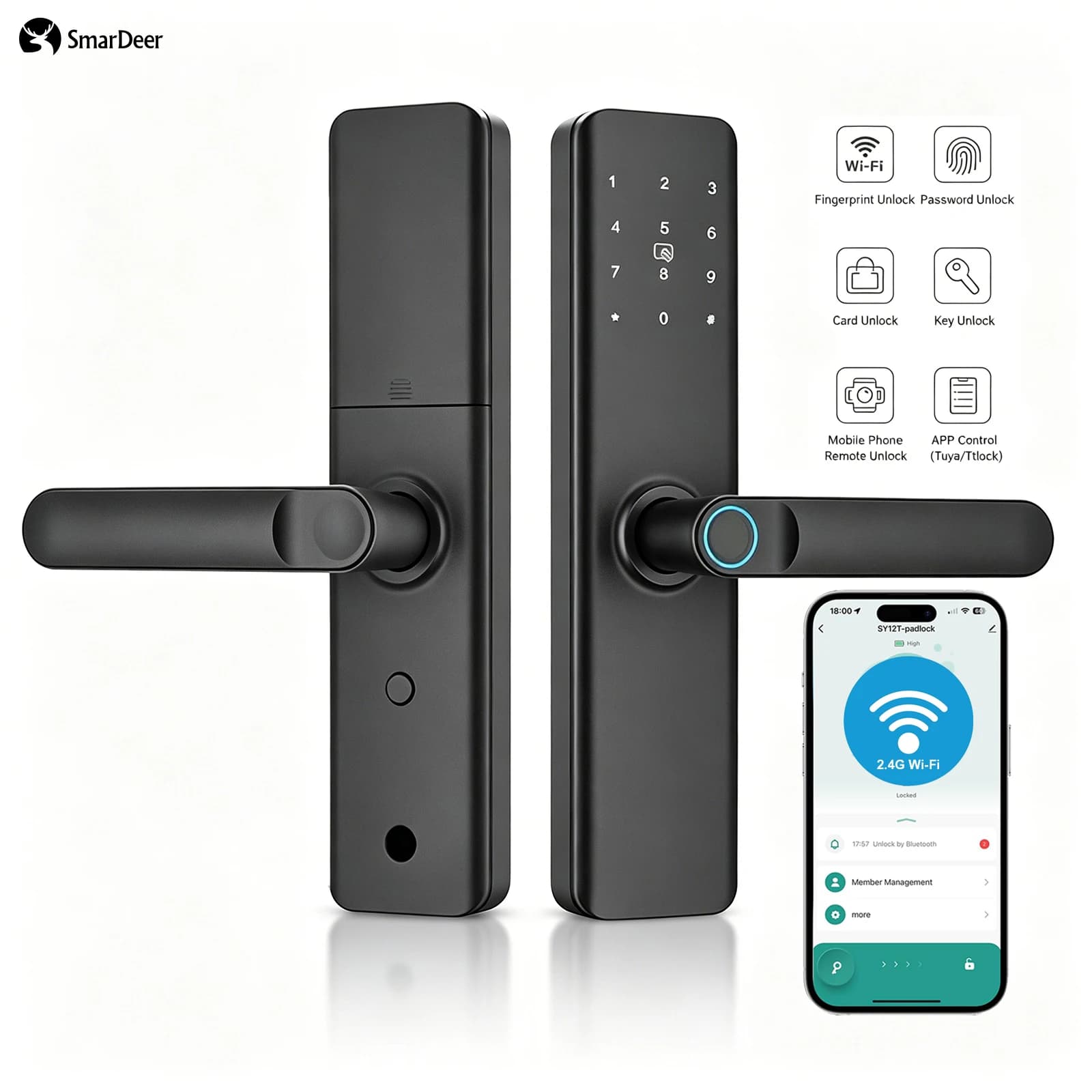 Serratura Intelligente SmarDeer 5-in-1 per Interni, Serratura con Impronta Digitale Tuya WIFI, Serratura Elettronica Smart Senza Chiave per Casa