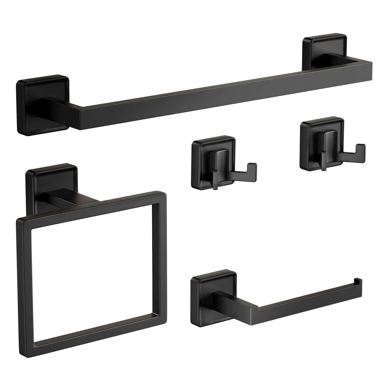 5-Piece Matte Black Bathroom Hardware Set: 304 Stainless Steel Towel Bar, Ring, Hooks And Toilet Paper Holder