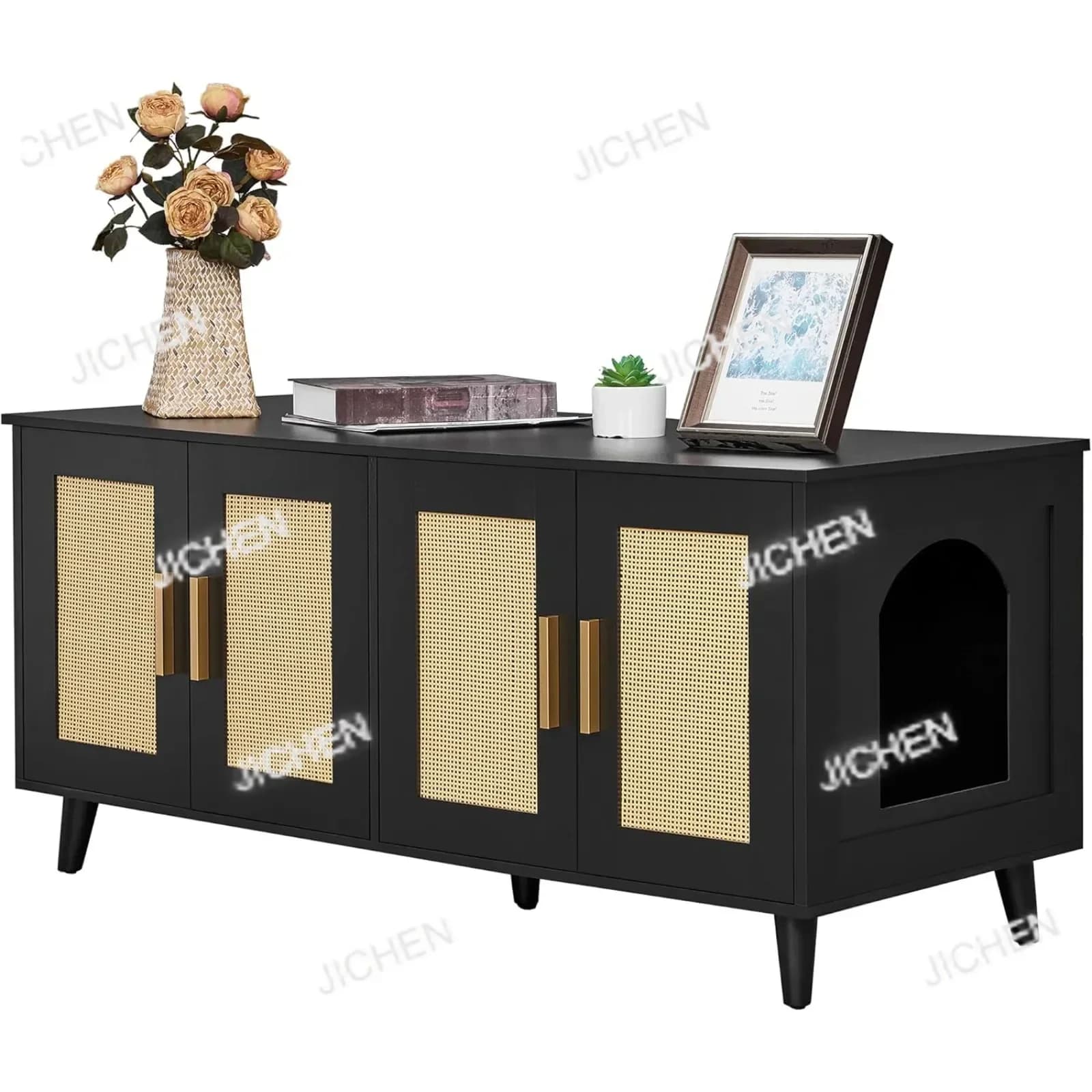 Contenitore per lettiera per gatti per 2 gatti, mobili per lettiera nascosti con doppie ante decorate in rattan, bagno per gatti in legno