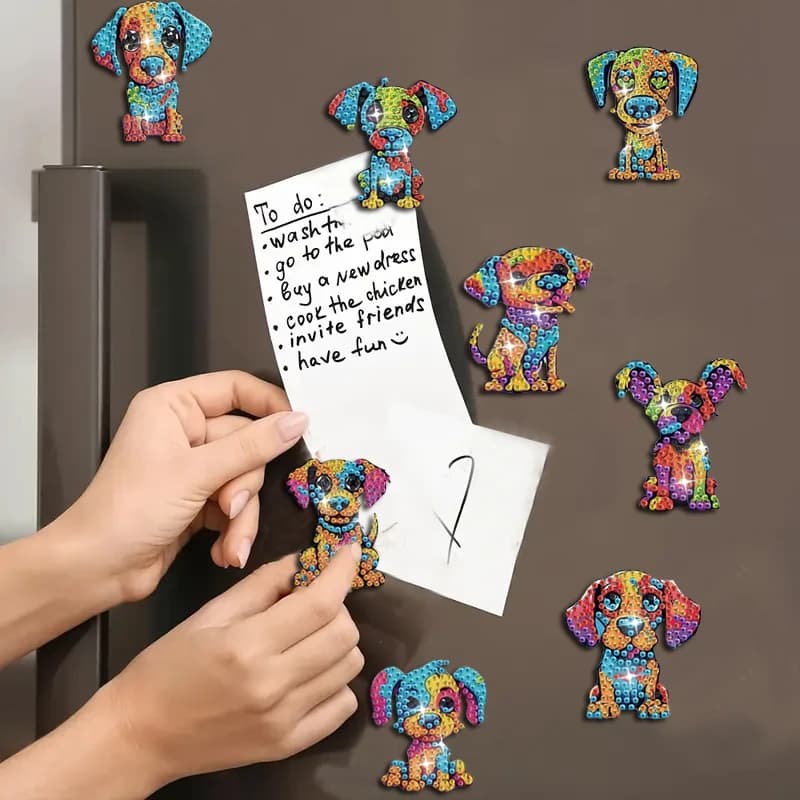 8 / set Kit di pittura diamante per frigorifero fai-da-te Magneti da frigorifero con stampa di cuccioli colorati Diamond Art per bar, armadietti e regali