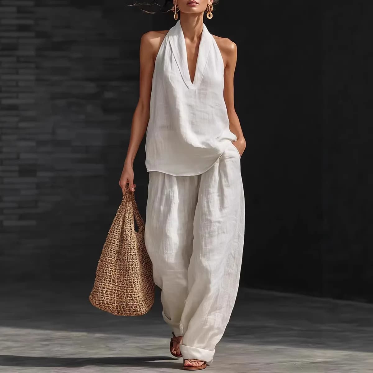 Set con cinturino per il collo a V in misto cotone e lino per donna, comodo abbigliamento sportivo casual, adatto per tutte le stagioni, per ufficio...
