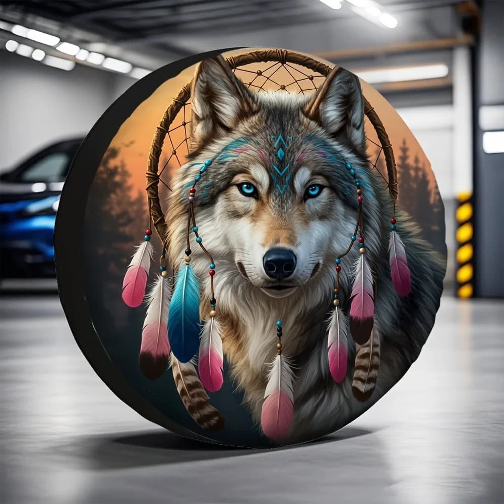Wolf Dreamcatcher Tire Cover Durable Polyester Spare Wheel Storage Bag Travel Protector