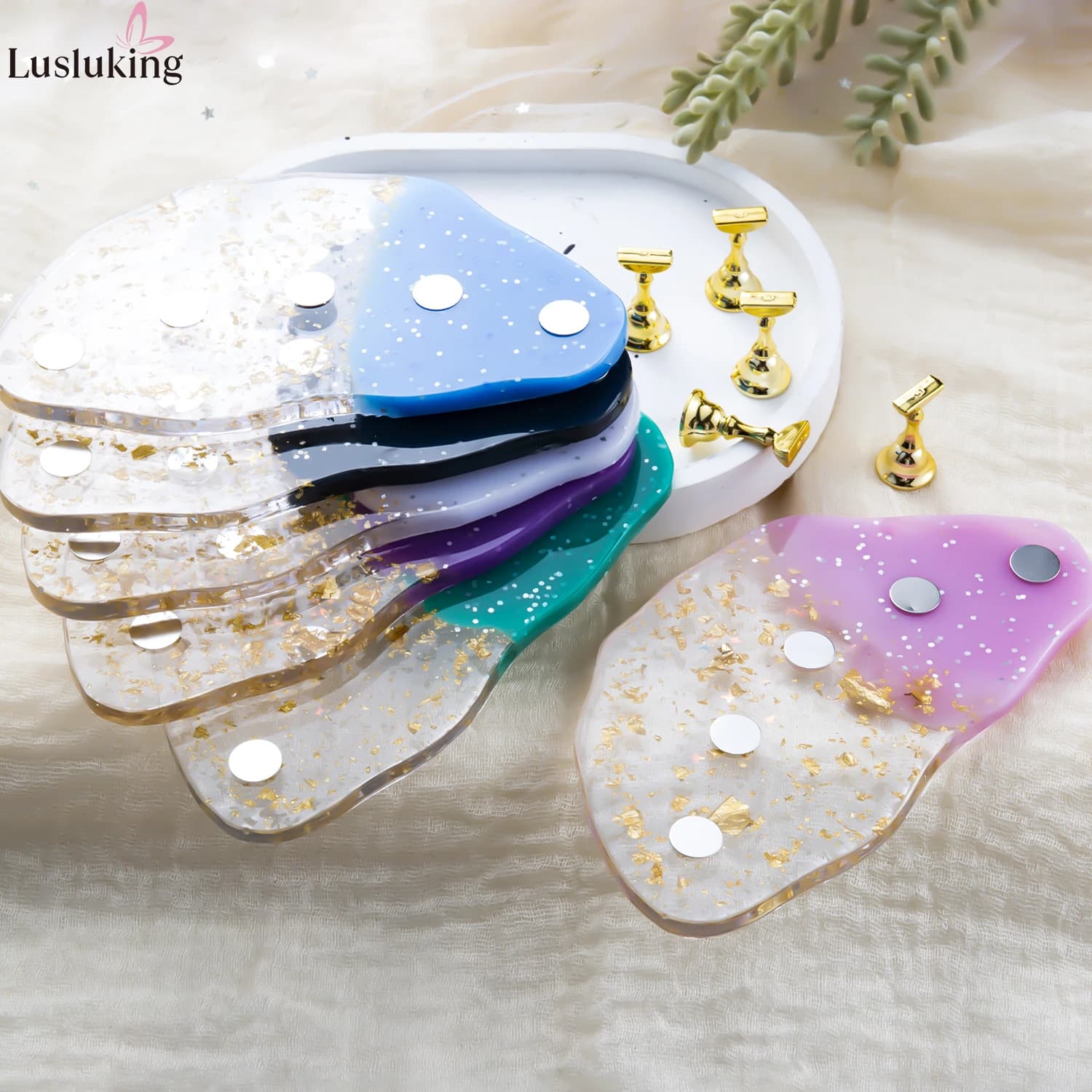 Set di supporti magnetici per unghie Supporto in acrilico in lamina d'oro per unghie a pressione Espositore per pratica Forniture per nail art Tavolozza di miscelazione di gel