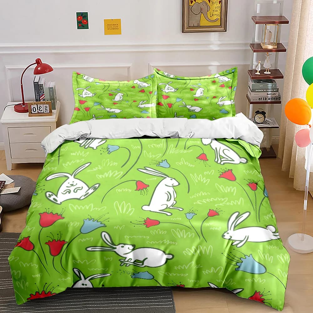 Set di biancheria da letto con stampa di conigli bianchi e fiori su sfondo verde, 1 copripiumino, 2 federe per adulti e bambini, regalo di lusso, misura completa