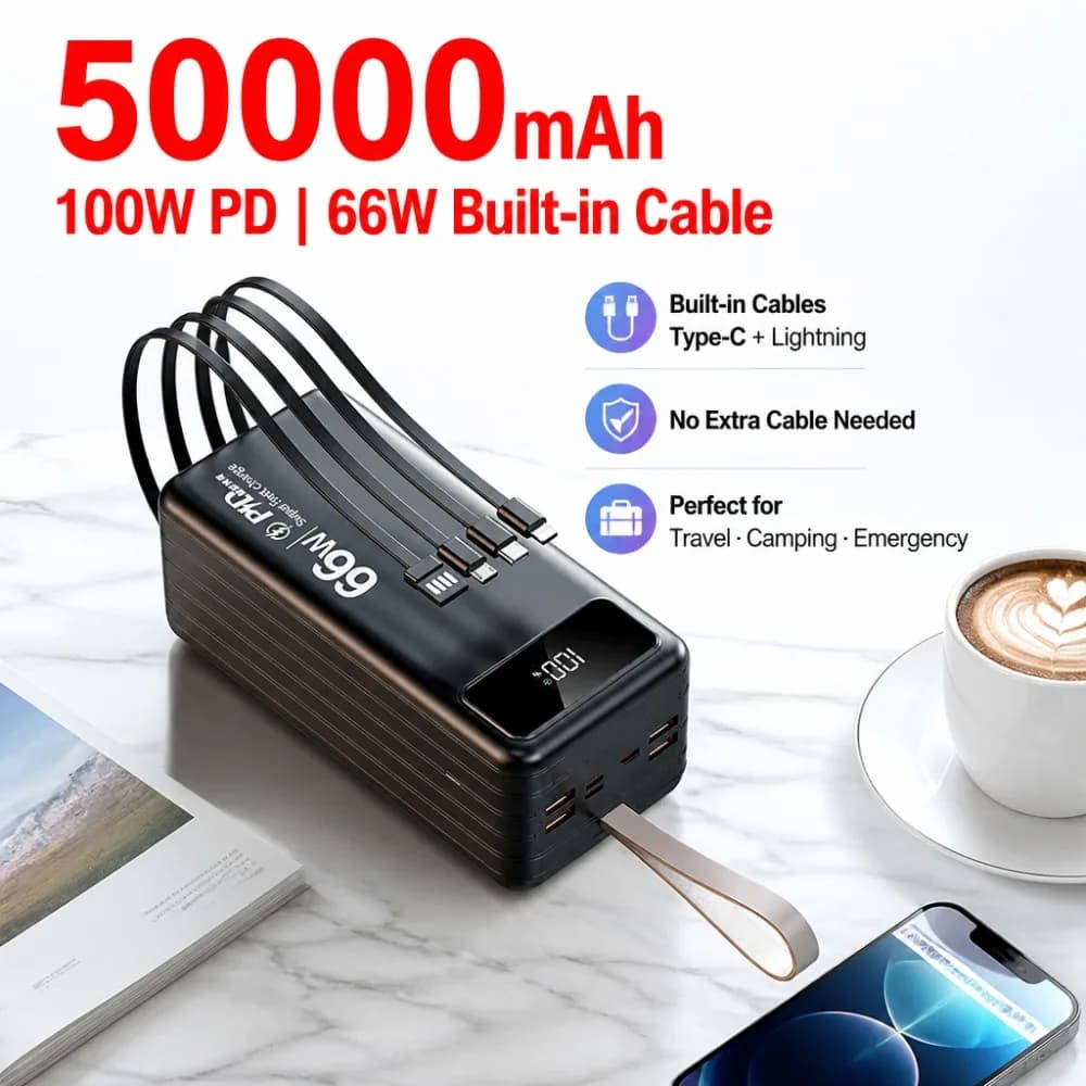 100W PD 50000mAh Power Bank, 66W Built-in Cable Fast Charging, High Capacity Battery Pack for Travel Camping PowerBank