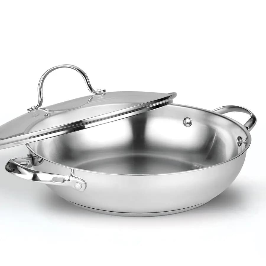 Wok with Glass Cover, Classic Stainless Steel Plate 30 cm (12 Inch) for Daily Use, Silver Color