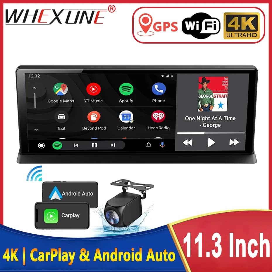 Dash Cam for Car 11.3 Inch 4K, Double Lenten, Carplay and Android Auto Wireless, Video Recorder, Monitor with GPS Navigation, Wi-Fi 5G, FM, AUX